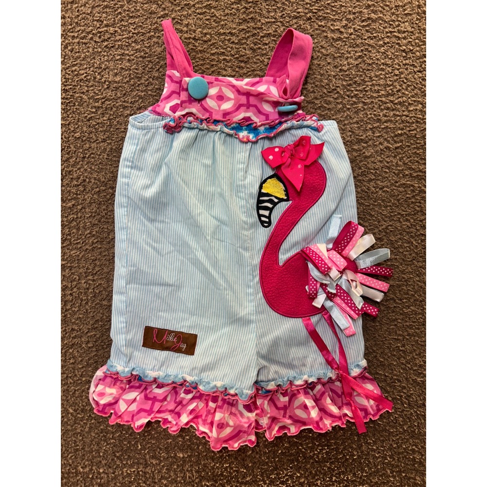 Millie Jay Baby Girls Flamingo Romper Pink Blue Striped Ruffle 6M SM 1002